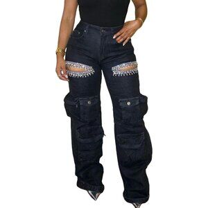 Trendy Womens Rhinestone Cargo Jeans - High Rise Straight Leg and Ripped Style